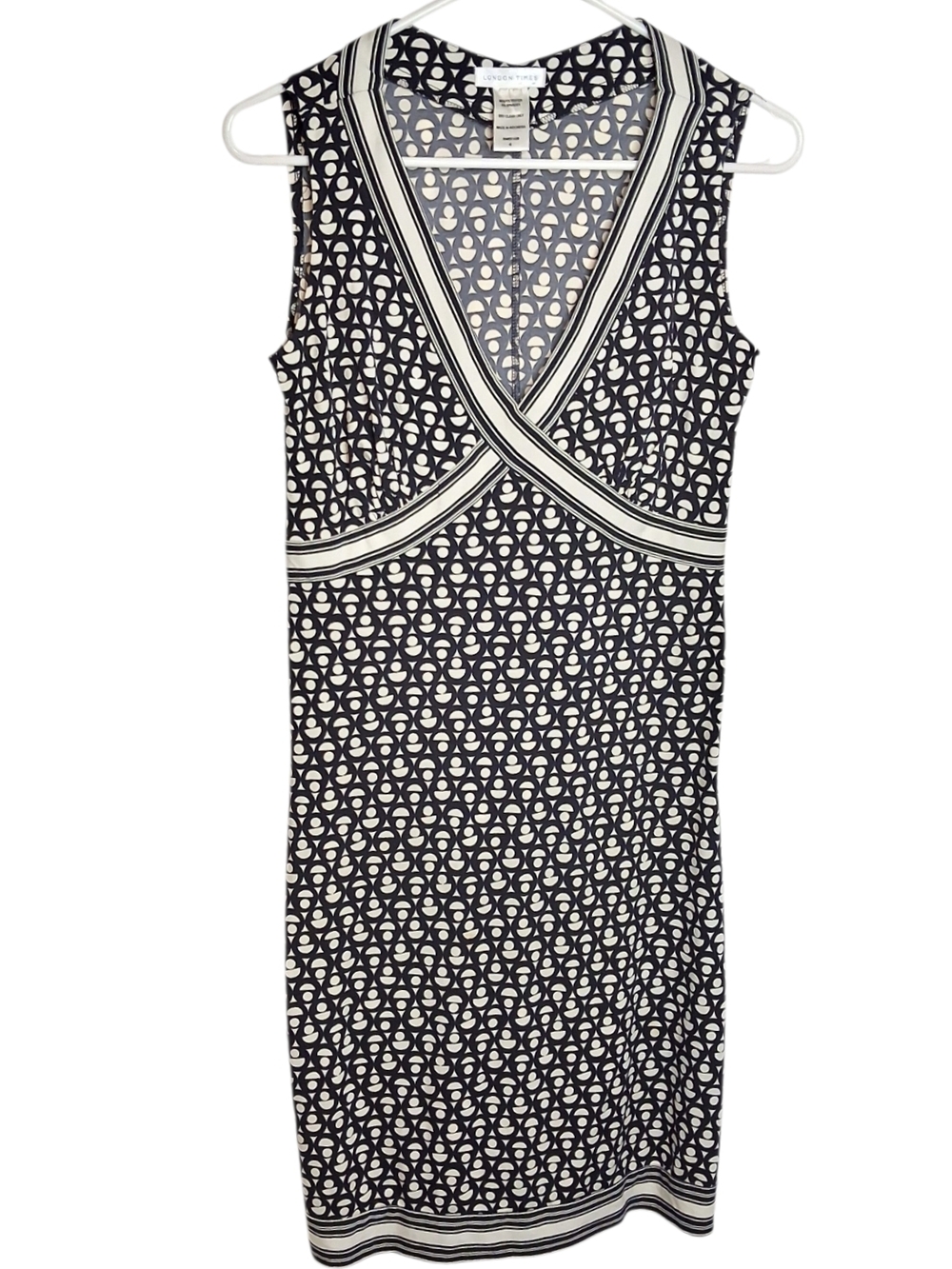 London Times Navy White Geometric Sleeveless Jersey Knit Dress 4 Preppy